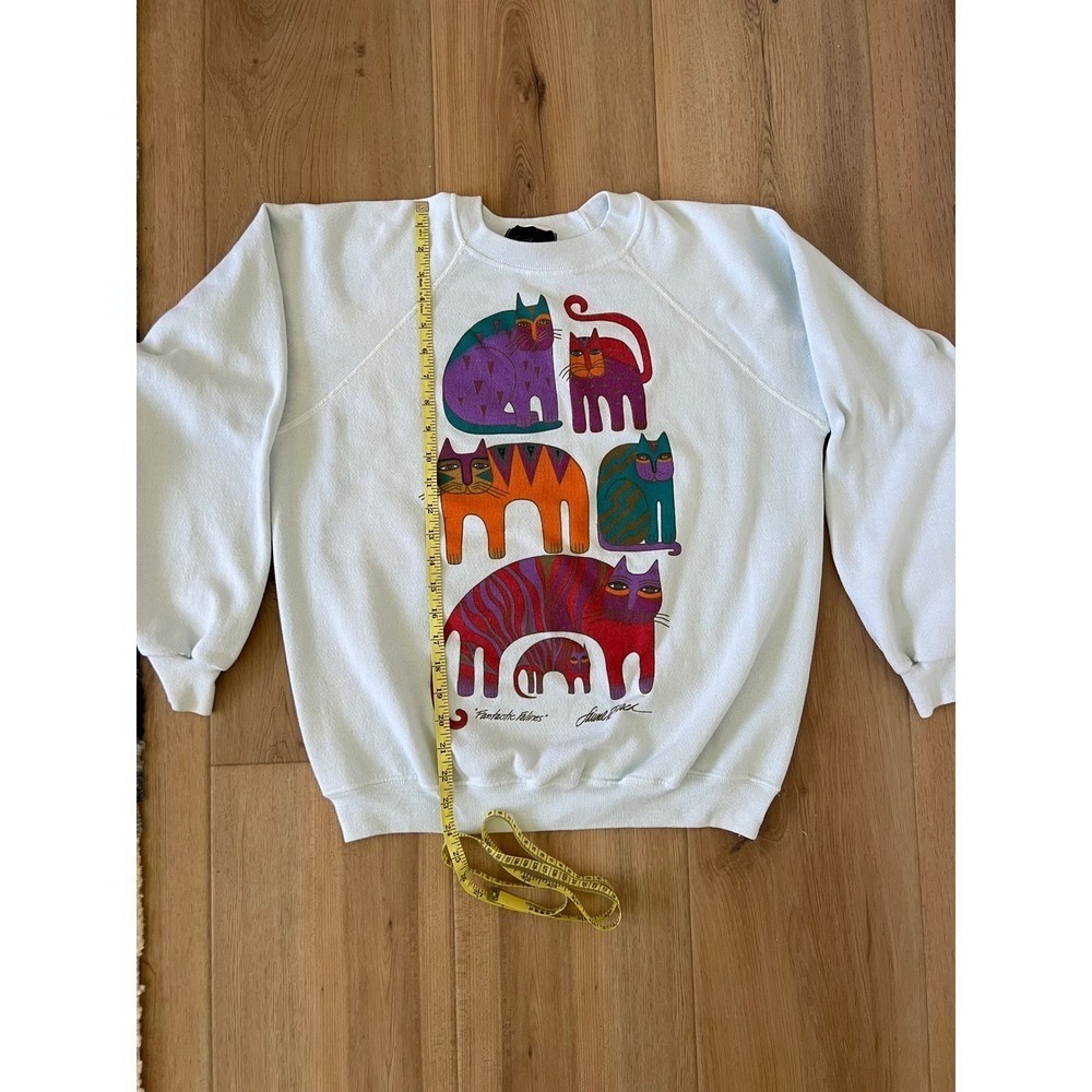 Laurel Burch Fantastic Felines Sweatshirt Light Blue Vintage Art Cats Graphic - Picture 6 of 7